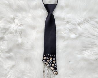 Black Custom Rhinestone Fringe Necktie