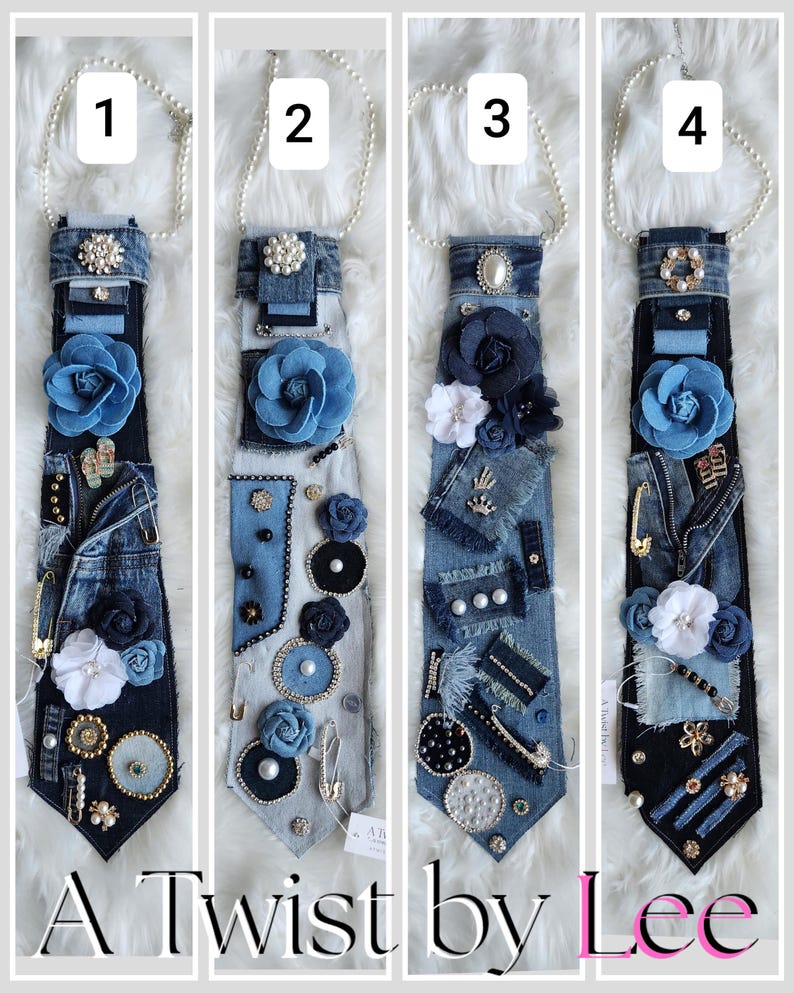 Puede incluir: Cuatro corbatas de mezclilla con collares de perlas, cada una adornada de forma &uacute;nica. Los dise&ntilde;os incluyen flores de tela azul, alfileres decorativos y varios acentos de cuentas y joyas. El texto "A Twist by Lee" est&aacute; en la parte inferior.