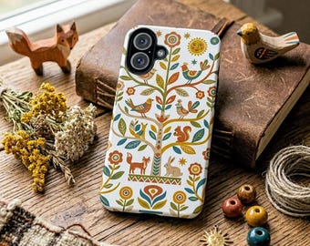 Grillige volkskunst bos telefoonhoesje dier vos levensboom bloemen stoere hoes