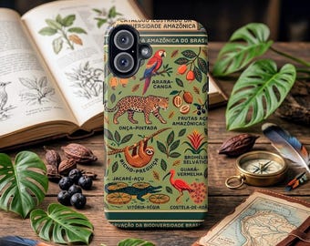 Vintage, botanische illustratie telefoonhoesje, luiaard Jaguar papegaai tropisch, junglekunst, stevige beschermhoes