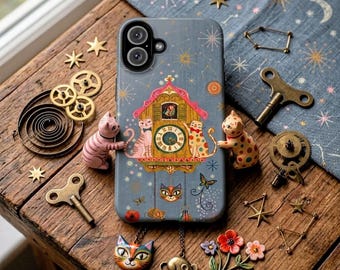 Grillige vintage kat koekoeksklok telefoonhoes volkskunst hemelse sterrenbeeld beschermhoes