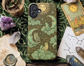 Vintage retro hemelse dier maan zon telefoonhoesje, uil wolf kat stevige beschermhoes