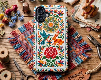 Levendige, volkskunst kolibrie konijnenhoes, Otomi bloemen rozenpatroon, stevige beschermhoes