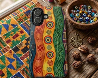 Aboriginal, etnisch tribal telefoonhoesje, geometrisch golvend patroon, boho abstracte stevige beschermhoes