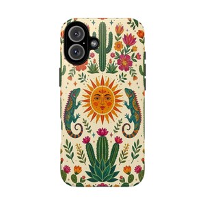 Boho Celestial Sun-telefoonhoesje, woestijncactus leguaan hoes, mystieke volkskunst natuurcadeau