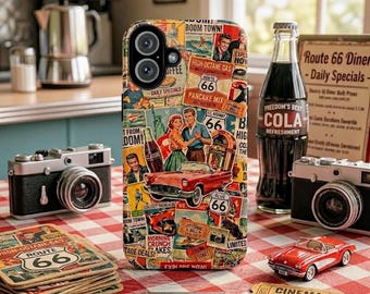 Vintage, Ad Collage-telefoonhoesje, Route 66 Americana, retro klassieke auto jaren 1950, stevige hoes