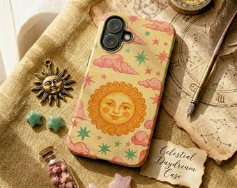 Vintage retro telefoonhoesje zon en sterren, hemelse wolkenkunst, stoere beschermhoes cadeau