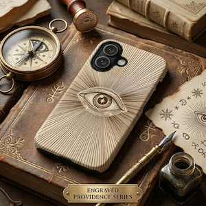 May include: A beige phone case with an engraved eye design radiating outward. The case is part of the "Engraved Providence Series". The phone case is resting on a leather-bound book, with a compass and other vintage items.