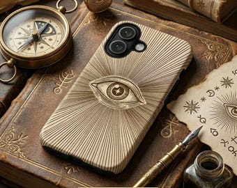 Funda para teléfono con diseño vintage del Ojo que Todo lo Ve, mística, esotérica, con efecto rayos de sol, radiante, de bruja, protectora y resistente.