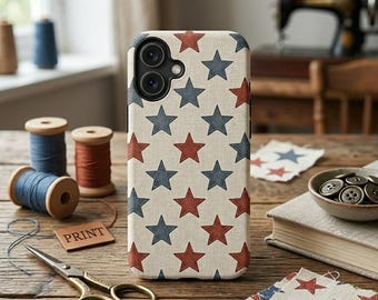 Funda para teléfono Vintage Americana Primitive Star, rojo y azul apagados, patriótica, rústica y resistente.