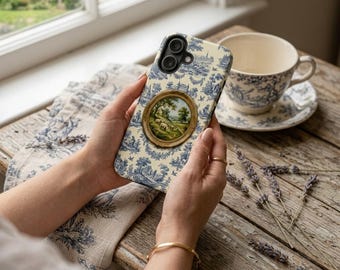 Vintage Toile de Jouy Phone Case, Blue White Pastoral Sheep Oil Painting, Tough Cover