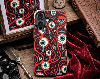 Telefoonhoesje Griezelige Eyeball, Goth Dark Art, surrealistisch horrorontwerp, stevige beschermende impactcover