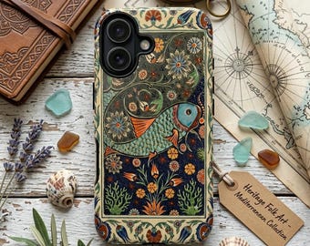 Funda para teléfono con diseño vintage de peces costeros, arte popular antiguo, flores mediterráneas y cubierta resistente.