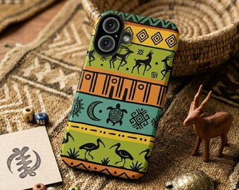 Funda para teléfono con diseño de gacela tribal africana vintage, arte popular de la sabana, cubierta protectora resistente con diseño geométrico de tortuga.
