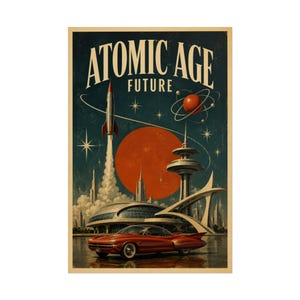 Könnte beinhalten: Ein vertikales Poster mit dem Titel ATOMIC AGE FUTURE, das eine rote Rakete zeigt, die in einen dunklen Himmel startet, mit einer großen orangefarbenen Sonne, einem kreisenden Atom, einem futuristischen Kuppelbau, einem Turm und einem roten Auto.