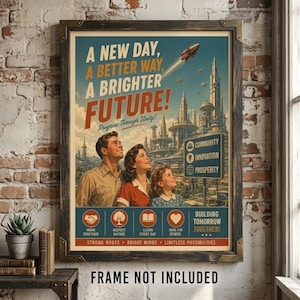 May include: A framed poster featuring a retro-futuristic cityscape with a rocket, text reading A NEW DAY, A BETTER WAY, A BRIGHTER FUTURE! Progress Through Unity!, and a family looking upward. Includes icons for community, innovation, and prosperity.