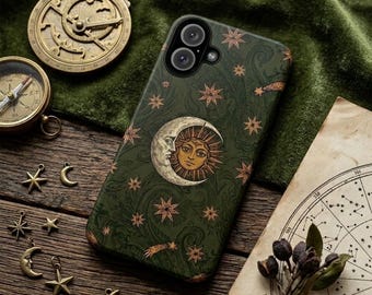 Vintage retro telefoonhoesje hemelse zon en maan, donkere Academia mystieke stoere beschermhoes