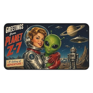 Retro Pulp Comic Book Mousepad, Vintage Alien Astronaut Tin Robot Sci Fi Desk Mat