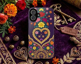 Sierlijke volkskunst hartsleutel telefoonhoesje paarse bloemen goud filigraan stevige beschermhoes