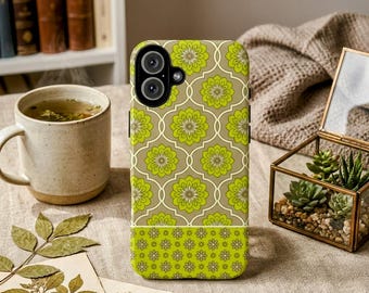 Funda para teléfono de estilo moderno de mediados de siglo con estampado floral, celosía botánica retro, funda resistente de color verde lima.