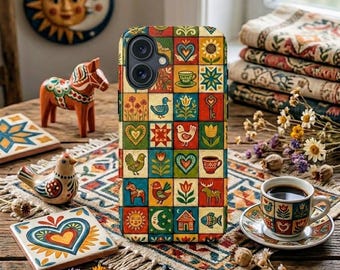 Vintage telefoonhoesje volkskunst, vogelhart bloemmozaïek, kleurrijke quilt, Cottagecore stoere hoes