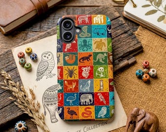Funda para teléfono con diseño colorido de animales del zoológico en mosaico, estilo arte popular y caprichoso.