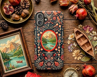 Natuur Mountain Lake-telefoonhoesje, granaatappelwortels volkskunst, Mystic Celestial Tough-beschermhoes