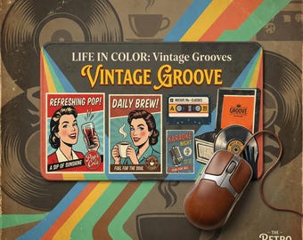 Vintage Retro Pop Art Music Coffee Mousepad, 50s 90s Vinyl Nostalgia Large Desk Mat