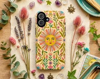 Grillig Celestial Sun Face-telefoonhoesje, bloemenbotanische volkskunst, stevige beschermhoes