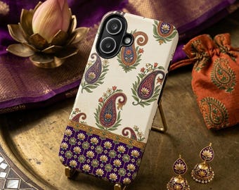 Funda para teléfono vintage con estampado paisley persa, arte floral ornamentado, color púrpura real y dorado. Cubierta protectora resistente.