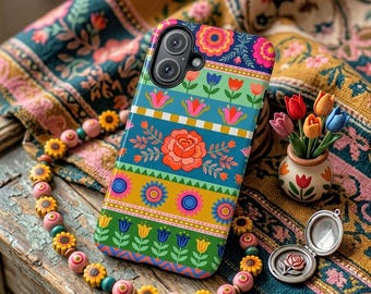 Levendig telefoonhoesje met volkskunst bloemen, strepen borduurstijl, stevige beschermhoes Boho Rose