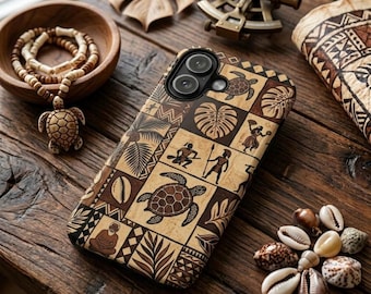 Funda para teléfono con diseño tribal polinesio vintage, arte de tortuga marina hawaiana, funda protectora resistente estilo isla tiki.