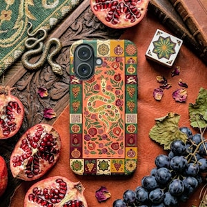 Vintage telefoonhoesje slang granaatappel, botanisch mozaïek volkskunst, stoere beschermhoes cadeau