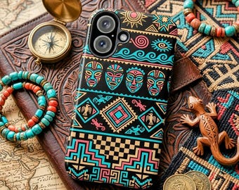 Funda para teléfono con diseño de máscara tribal vintage, arte de lagarto gecko, geométrico étnico colorido, funda protectora resistente.