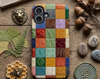 Natuur, reliëftegel patchwork telefoonhoesje, levensboom hert mozaïek, stevige beschermhoes