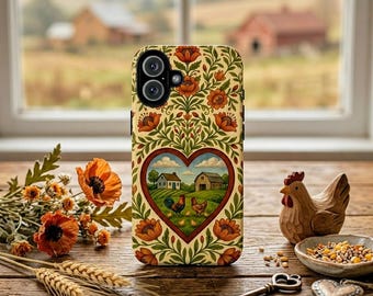 Vintage retro volkskunst boerderij hart telefoonhoesje, haan kip platteland, stevige beschermhoes