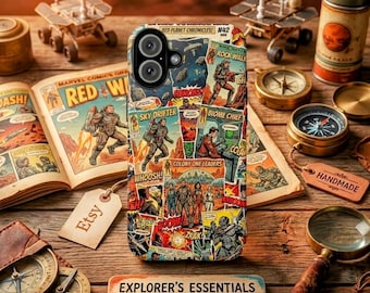 Vintage retro scifi-striptelefoonhoesje, Space Adventure Mars Art, stevige beschermhoes