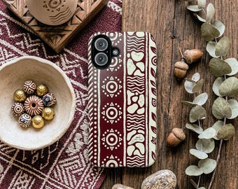 Funda para teléfono con estampado tribal y bohemio, arte folclórico étnico color burdeos, funda protectora resistente, accesorio único.
