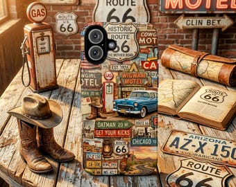 Funda para teléfono estilo vintage con collage publicitario, diseño de la Ruta 66 americana, estilo retro de los años 50, con cubierta resistente.