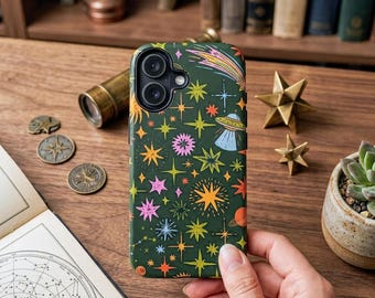 Retro, Space Galaxy-telefoonhoesje, UFO Alien Ship, sterplaneetpatroon, stevige beschermhoes