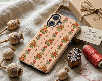 Funda para teléfono con estampado bohemio vintage, diseño floral de amapolas y cachemir, resistente color terracota melocotón.