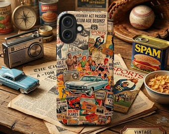 Funda para teléfono con diseño de periódico retro americano, collage vintage de los años 50, funda resistente para coche clásico. Regalo ideal.