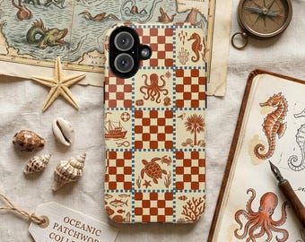 Vintage volkskunst nautisch patchwork telefoonhoesje octopus schildpad geruite oceaan stoere beschermhoes