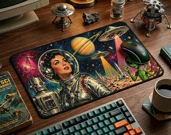 Alfombrilla de escritorio retro de ciencia ficción de los años 50 con astronauta femenina, alfombrilla de ratón grande para juegos con robot alienígena vintage