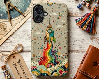 Vintage retro grillig telefoonhoesje Rocket Stars, patchwork volkskunst regenboog, stevige beschermhoes