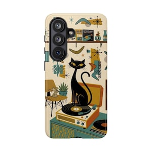 May include: A phone case featuring a mid-century illustration of a black cat sitting on a record player. The design includes a small mouse on a chair, a shelf with records labeled Space Age Melodies, and various teal and orange geometric shapes.