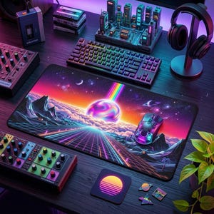 Alfombrilla de ratón para juegos Synthwave Neon Grid, tapete de escritorio Vaporwave Space Landscape, regalo retro para gamers Outrun