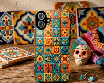 Mexicaans, telefoonhoesje talavera-tegel, suikerschedelmozaïek, bloemenvolkskunst, stevige beschermhoes