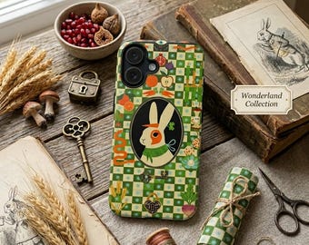 Vintage retro telefoonhoesje konijn, volkskunst konijn portret tuin, stoere beschermhoes cadeau