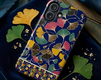 Funda para teléfono con diseño de hoja de ginkgo vintage, arte botánico japonés, cubierta protectora resistente en azul marino y dorado.
